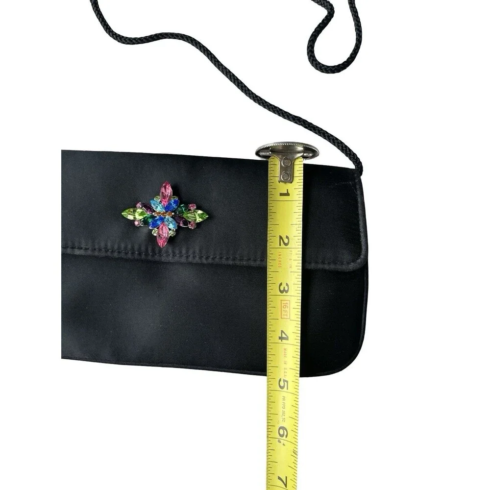 Valerie Stevens Black Satin Evening Bag Rhinestone Floral Clutch Crossbody Purse